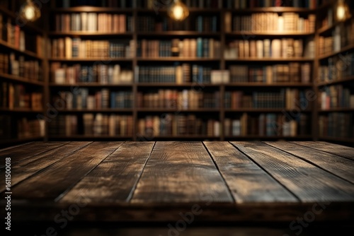 A rustic wooden table in focus with a warm-lit, blurred background of a large, cozy library filled with bookshelves and books.