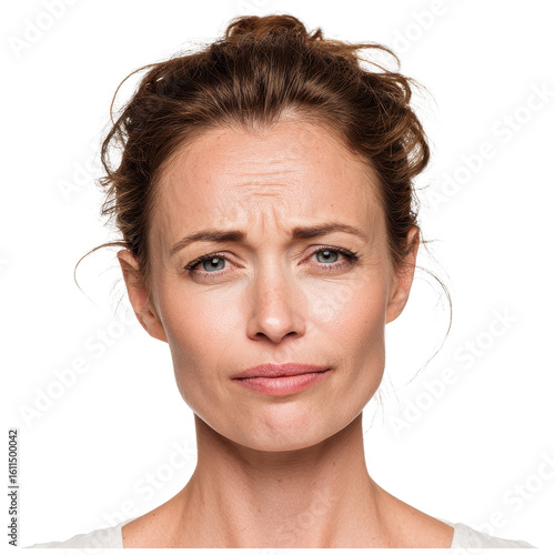 Beautiful woman with tired expression, dark circles, faint smile, on isolated transparent background
