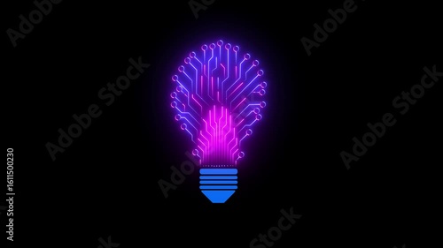 Bulb circuit animation by blue and pink color neon on black background. Modern education technology background, moving light bulbs in a cycle, using technology. integration with technology.