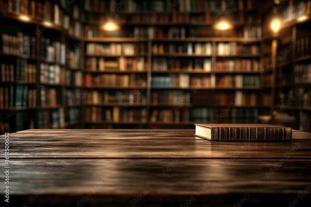 Obraz premium A single antique book rests on a polished wooden table in a warmly lit, cozy library filled with shelves of books.