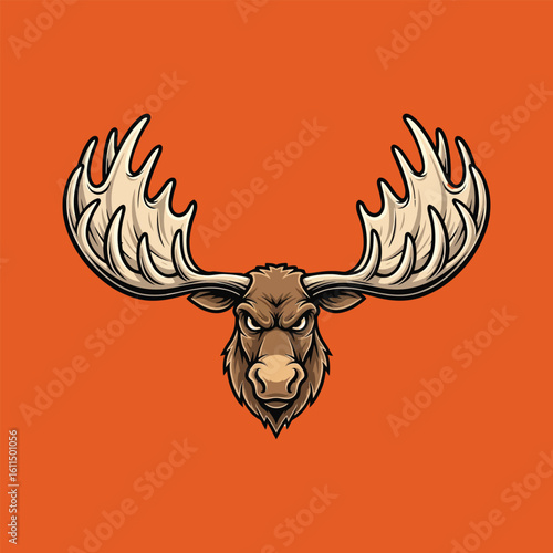 Aggressive moose head illustration with large antlers, depicted in a mascot style.