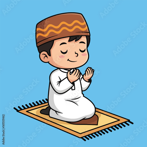 A cartoon Muslim boy in a kufi and white thobe kneels on a prayer mat to pray.
