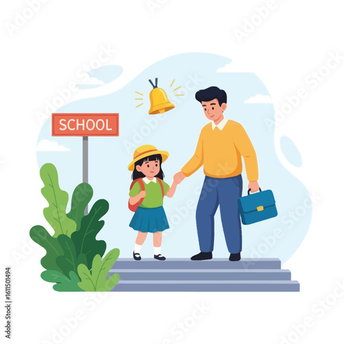 A father escorts his young daughter, dressed for school, up the steps towards the entrance, with a school sign and ringing bell overhead.