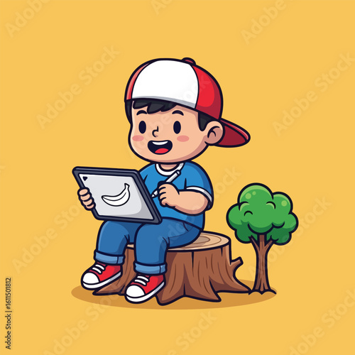 A young boy in a baseball cap happily draws a banana on a tablet while sitting on a tree stump next to a small tree.