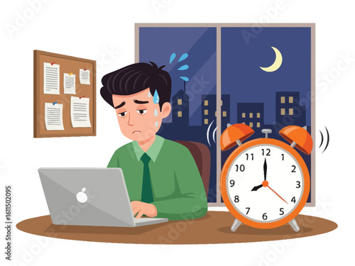 A stressed businessman works overtime late into the night on his laptop, sweating as an alarm clock rings.