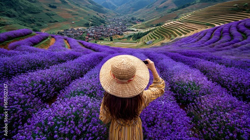 A woman with a straw hat photographs a vast field of vibrant purple lavender.