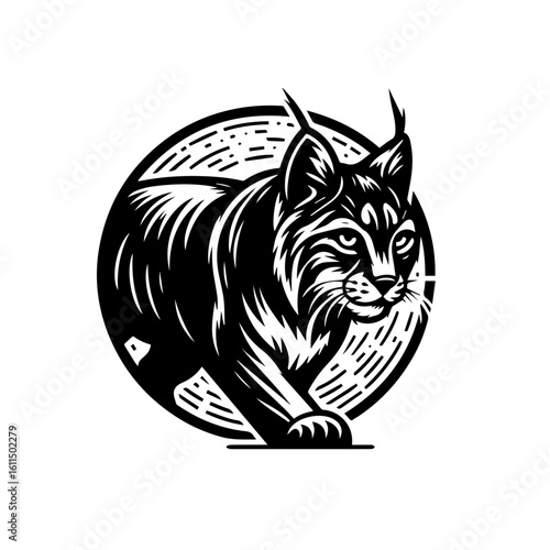 A stylized black and white illustration of a lynx