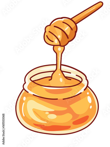 Jar of honey with honey dipper flat illustration isolated on white background
