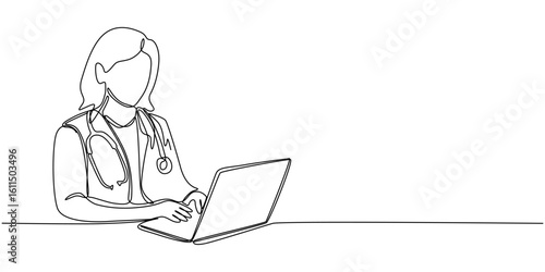 Woman Doctor, Continuous line drawing of female doctor checking patient medical record on a laptop.single-line women doctor with stethoscope in front of laptop.Medical healthcare concept vector