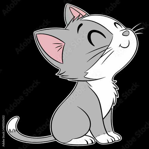 Vector art of a charming cartoon kitten with gray and white fur sits contentedly, its eyes closed in peaceful bliss