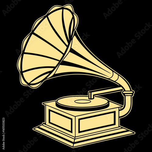Vector art of a golden vintage gramophone stands elegantly against a stark black background, evoking a sense of nostalgia and timeless musical charm