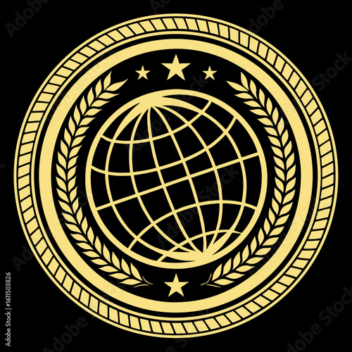 Vector art of golden globe surrounded by wheat and stars creates an elegant seal design, perfect for awards and international recognition
