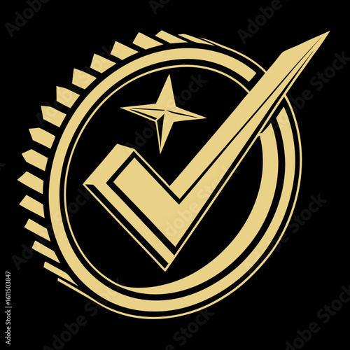 Vector art of a golden check mark and star are encircled by a gearedged ring on a black background