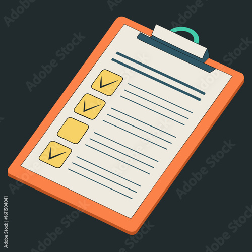Vector art of an orange clipboard displays a checklist with completed tasks, indicated by checkmarks in boxes
