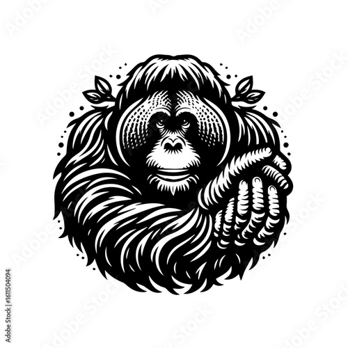 A detailed illustration of an orangutans face with intricate fur detail