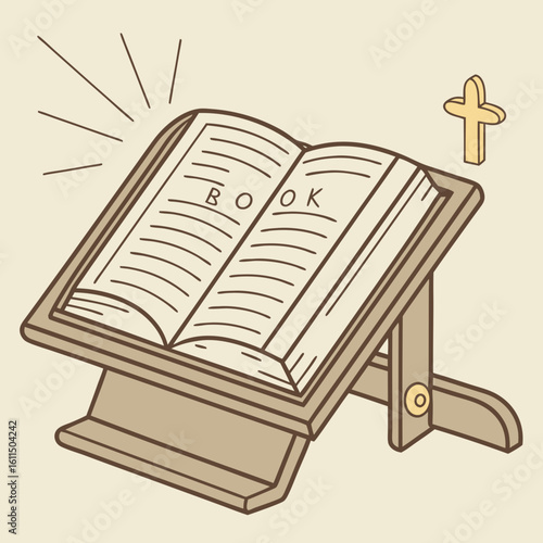 Vector art of an open bible on a wooden stand with a cross, representing faith, religion, and christianity