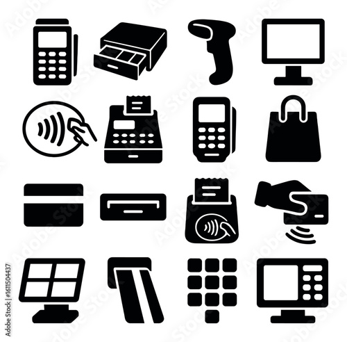Point of sale icons set including payment terminals and cash registers