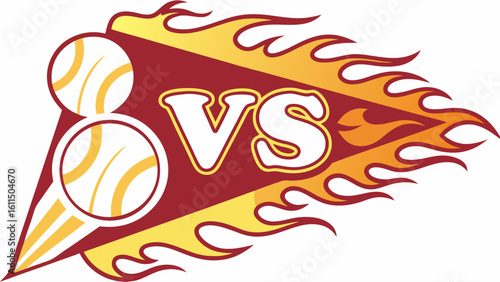 Vector art of a fiery baseball versus graphic features two baseballs and the letters vs on a flaming pennant