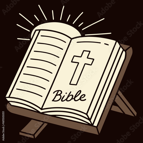 Vector art of an open bible with a cross on the page sits on a wooden stand, radiating light from behind
