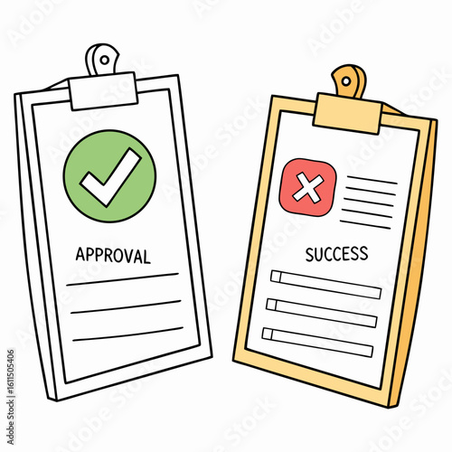 Vector art of two clipboards show approval with a check mark and failure with a cross mark isolated on white background