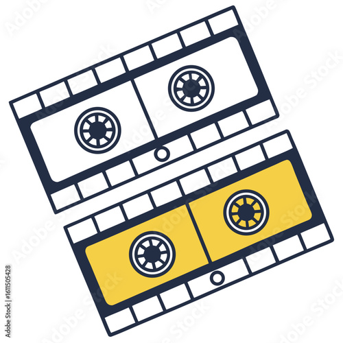 Vector art of two retro cassette tapes, one in white and the other in yellow, evoke a sense of nostalgia for vintage audio technology
