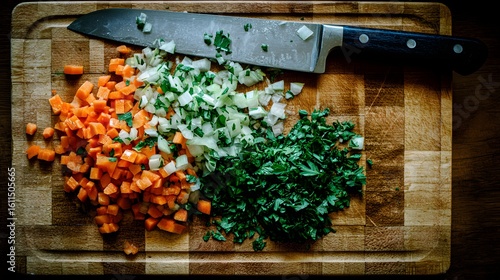 Chopped vegetables on a wooden cutting board.