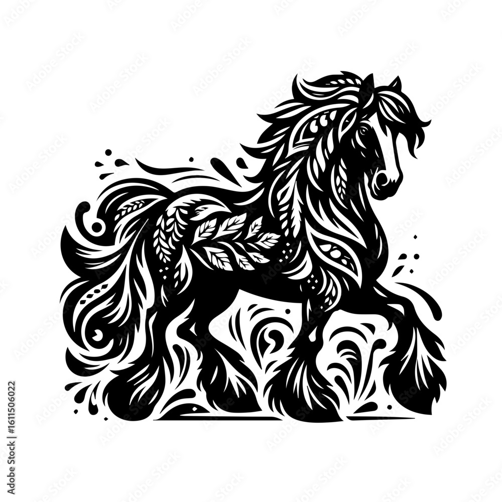 Fototapeta premium A majestic black horse with an ornate, flowing mane and tail