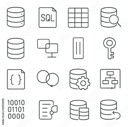 Database and programming icons including sql and data visualization symbols