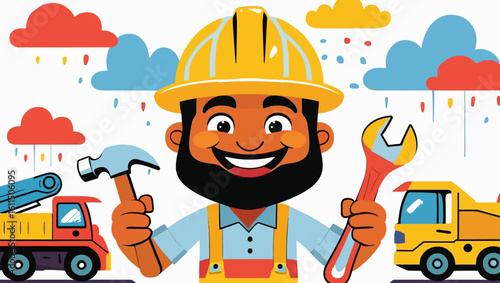 Happy female builder or engineer with a hammer and gears. Concept of women in STEM and skilled trades.