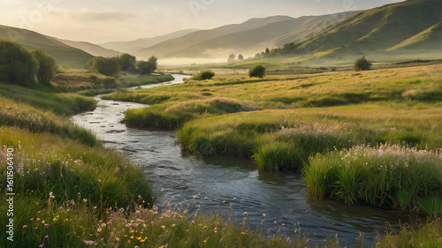 Peaceful River and Green Valley Landscape