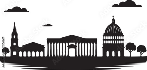 Black vector silhouette of Asunción, includes National Pantheon, riverfront skyline, capital of Paraguay in flat style