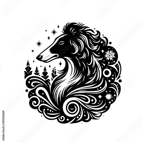 Stylized borzoi dog head with ornate swirls and stars