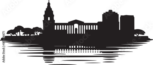 Black vector silhouette of Asunción, includes National Pantheon, riverfront skyline, capital of Paraguay in flat style