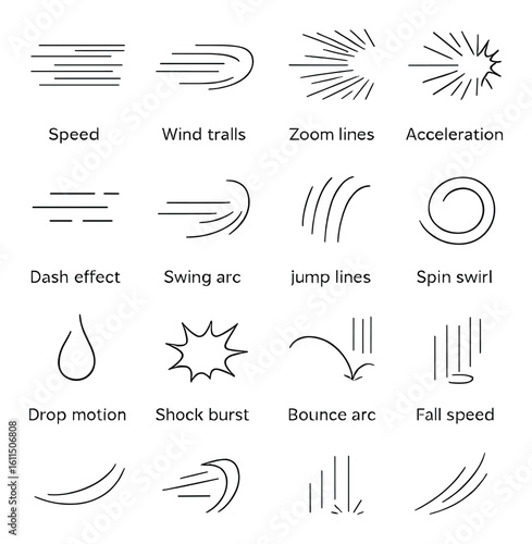 Dynamic motion lines and speed effects: wind, acceleration, bounce, spin, shock, and fall
