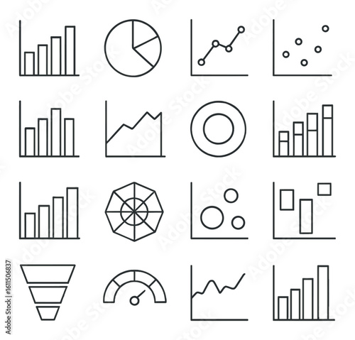 Minimalist graph and chart icons set on gray background