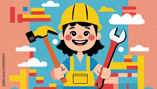 Empowered young female builder with a hammer and wrench ready for construction work. Cartoon vector illustration.