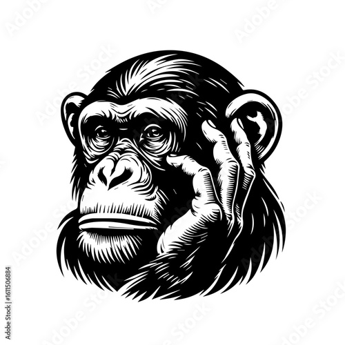 A thoughtful chimpanzees face rendered in a vintage illustration style