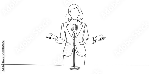 businesswoman speaking in front of a microphone continuous one line drawing, one Continuous line art drawing a woman is standing and reading a document in front of a microphone illustration on white