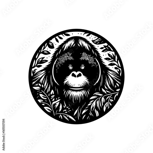 Orangutan face illustration surrounded by leaves in a circular frame