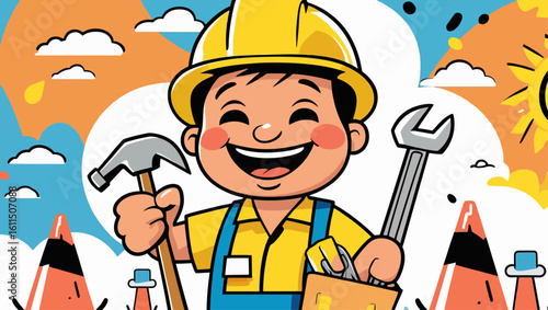 Happy female construction worker with a hammer and hard hat. Vector illustration of a smiling woman builder on a job site with tools.