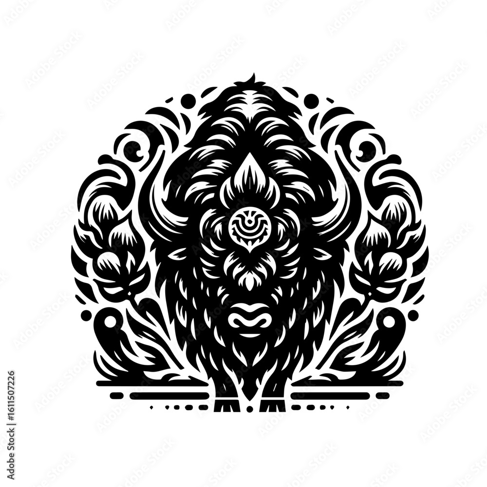 Intricate black and white illustration of a bisons head Intricate black and white illustration of a bisons head