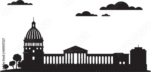 Black vector silhouette of Asunción, includes National Pantheon, riverfront skyline, capital of Paraguay in flat style