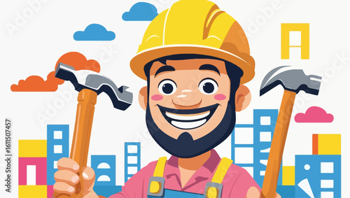 Cheerful cartoon boy dressed as a construction worker with a hard hat and hammer, celebrating his future ambition with balloons.