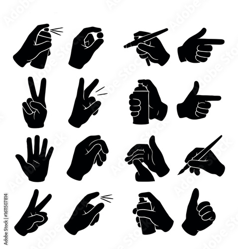 Black silhouette icons of hands in gestures with spray and pencil