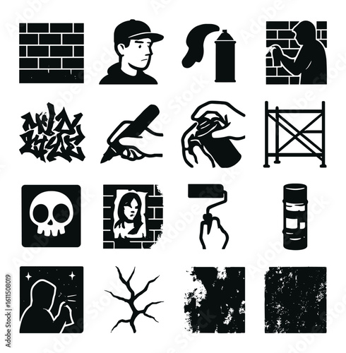 Graffiti art tools and techniques icons set