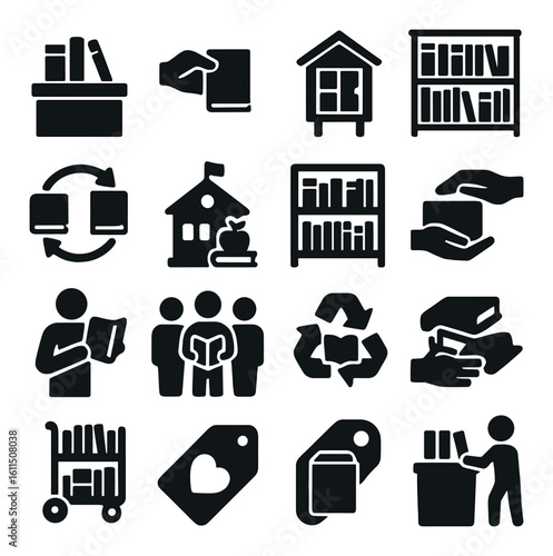 Library and reading icons set featuring bookshelves and people