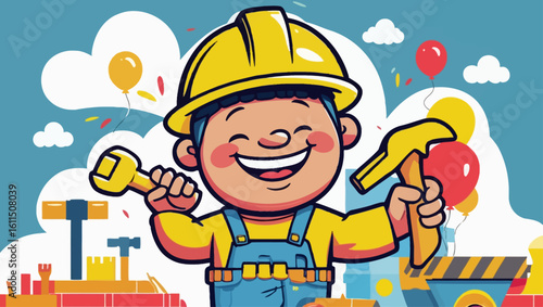 Happy cartoon builder child in a yellow hard hat, holding a wrench and hammer. A joyful illustration symbolizing childhood dreams and playful construction.
