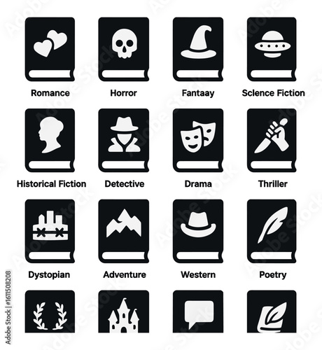 Icon set of book genres: romance, horror, fantasy, sci-fi, and more