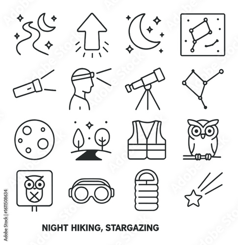 Night hiking and stargazing illustrated: adventure icons including telescope and moon