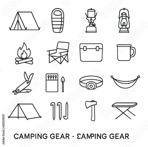 Camping gear icons set: tent, sleeping bag, lantern, campfire, tools